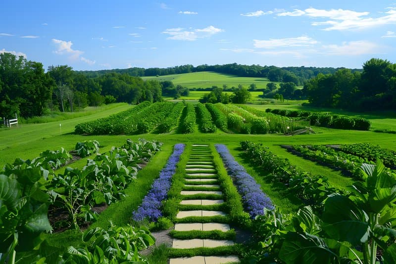 No till regenerative agriculture field cover crops and mulched walkways