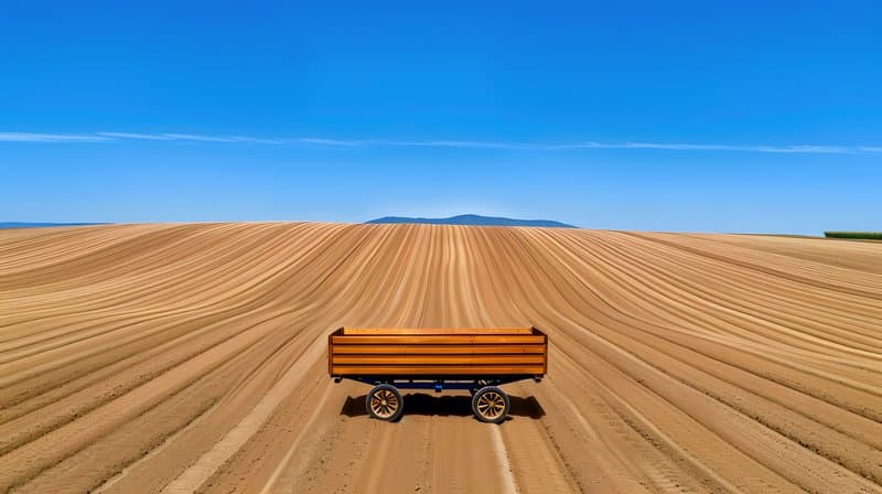 Old fashioned wooden seed drill field preparing for organic planting