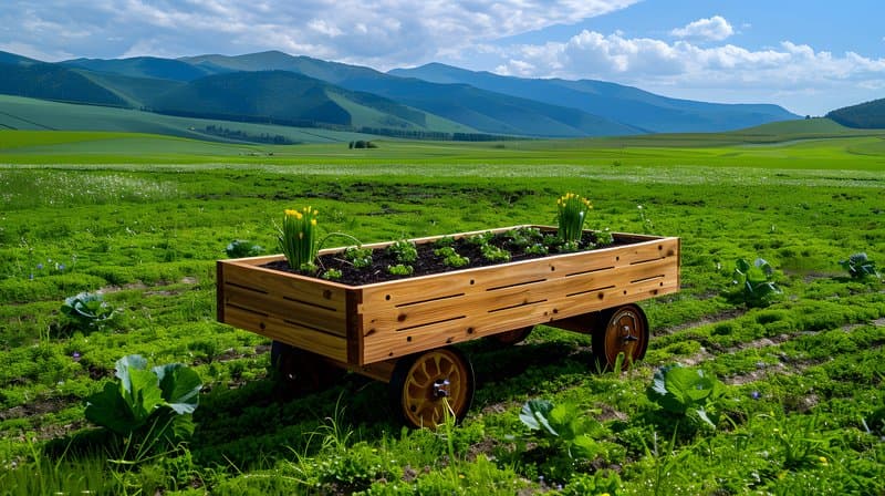 Old fashioned wooden seed drill field preparing for organic planting