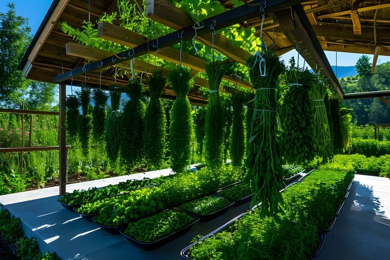Organic herb drying rack hanging under open wooden shelter