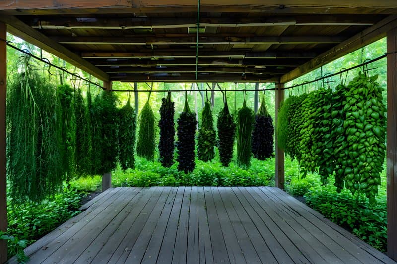 Organic herb drying rack hanging under open wooden shelter
