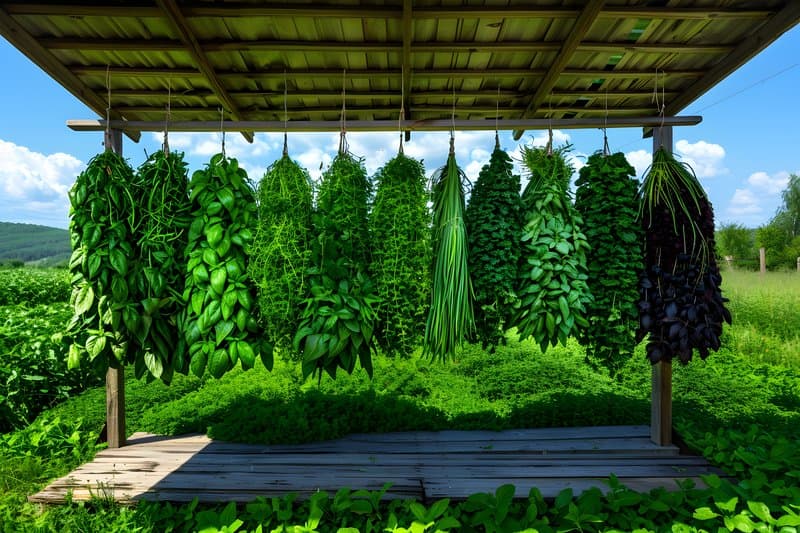 Organic herb drying rack hanging under open wooden shelter