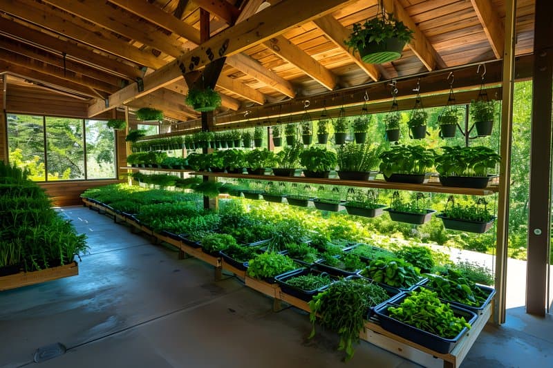 Organic herb drying rack hanging under open wooden shelter