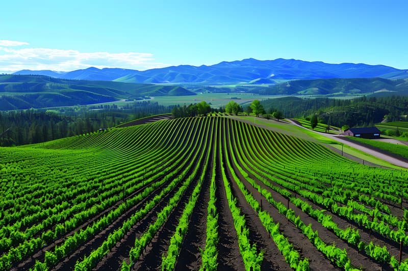 Organic vineyard hilly terrain with natural pest control and mulched rows