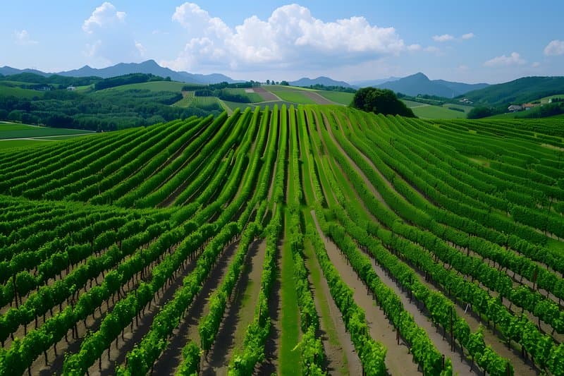 Organic vineyard hilly terrain with natural pest control and mulched rows