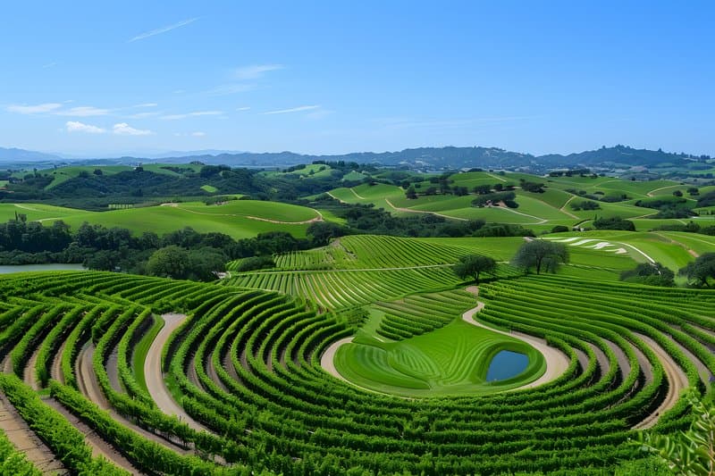 Organic vineyard hilly terrain with natural pest control and mulched rows