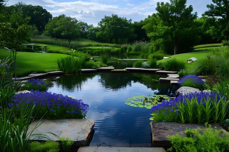 Rainwater harvesting pond surrounded native grasses and wildflowers