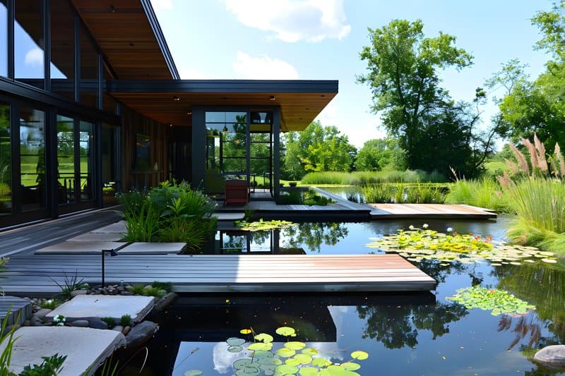 Rainwater harvesting pond surrounded native grasses and wildflowers