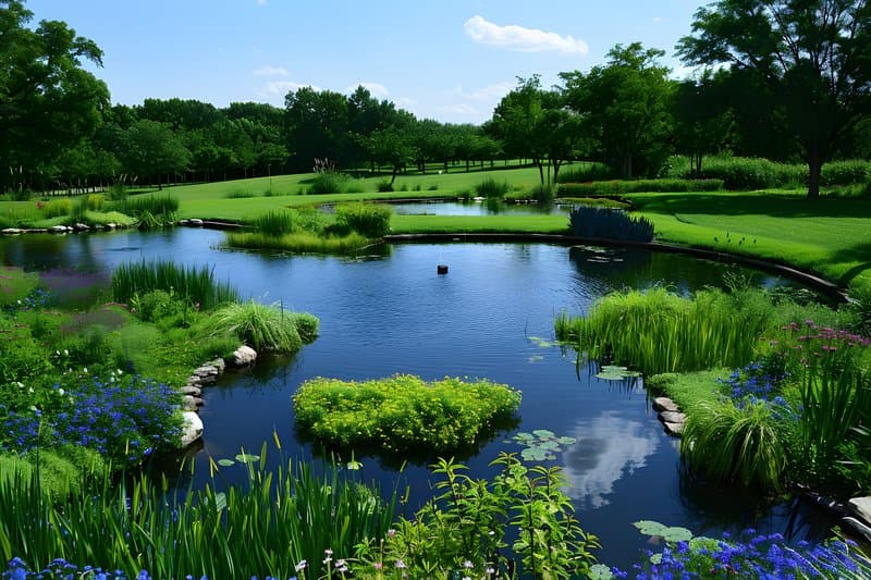 Rainwater harvesting pond surrounded native grasses and wildflowers