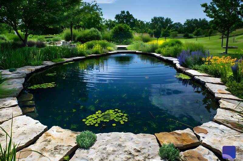 Rainwater harvesting pond surrounded native grasses and wildflowers