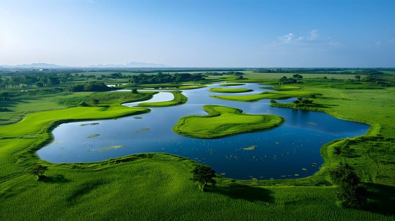 Restored wetland ecosystem supporting rice paddies native bird species