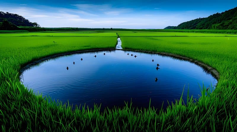 Restored wetland ecosystem supporting rice paddies native bird species