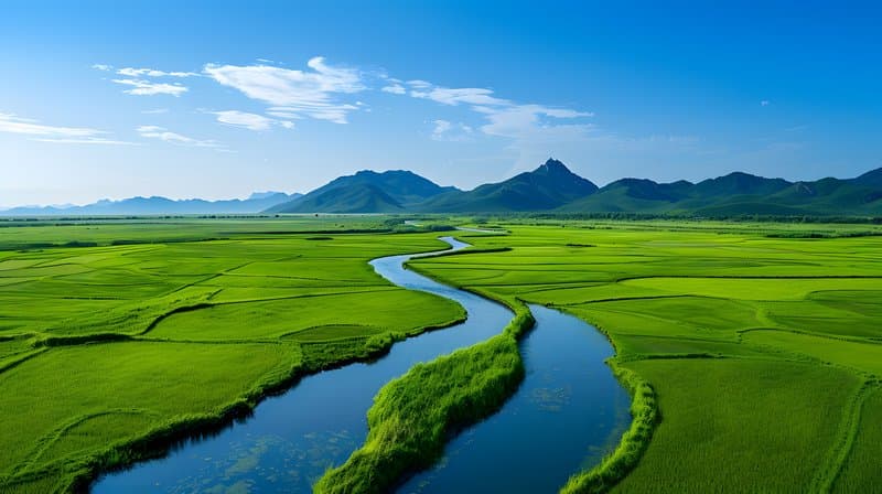 Restored wetland ecosystem supporting rice paddies native bird species