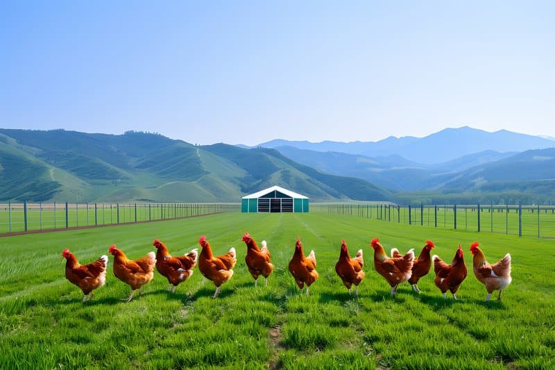 Rotating chicken tractor lush grassy paddock with mobile fencing