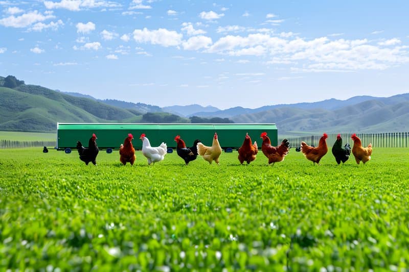 Rotating chicken tractor lush grassy paddock with mobile fencing
