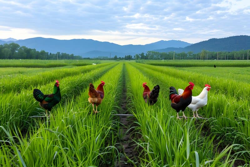 Rotating chicken tractor lush grassy paddock with mobile fencing