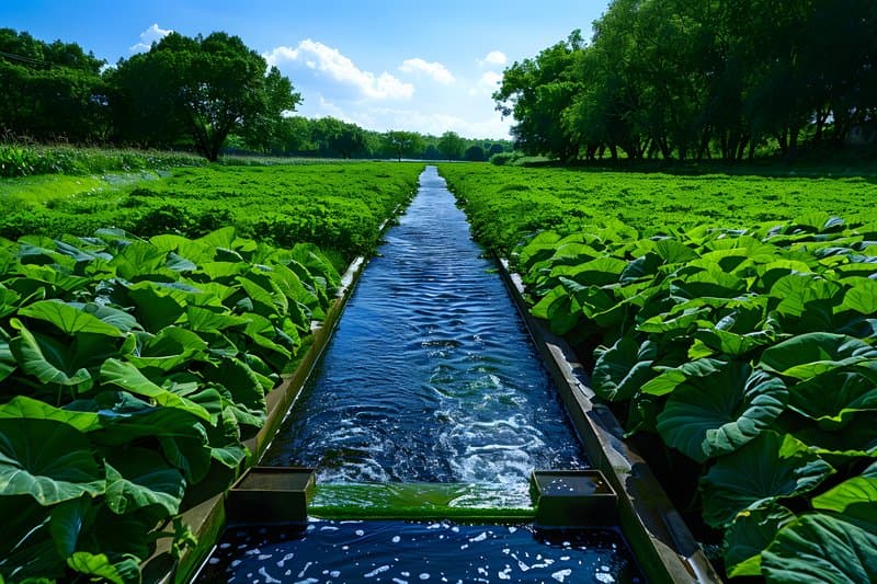 Rural irrigation canal wooden sluice gates surrounded by lush crops