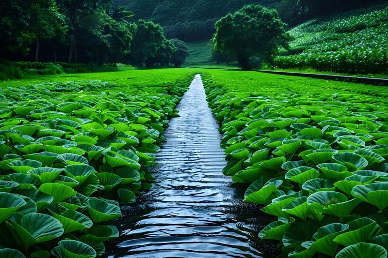 Rural irrigation canal wooden sluice gates surrounded by lush crops