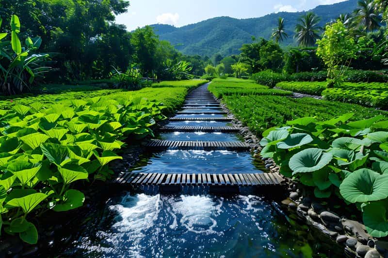 Rural irrigation canal wooden sluice gates surrounded by lush crops