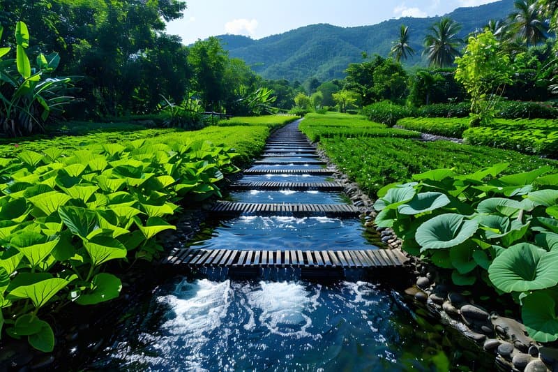 Rural irrigation canal wooden sluice gates surrounded by lush crops