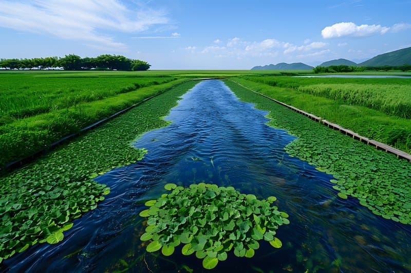 Rural irrigation canal wooden sluice gates surrounded by lush crops