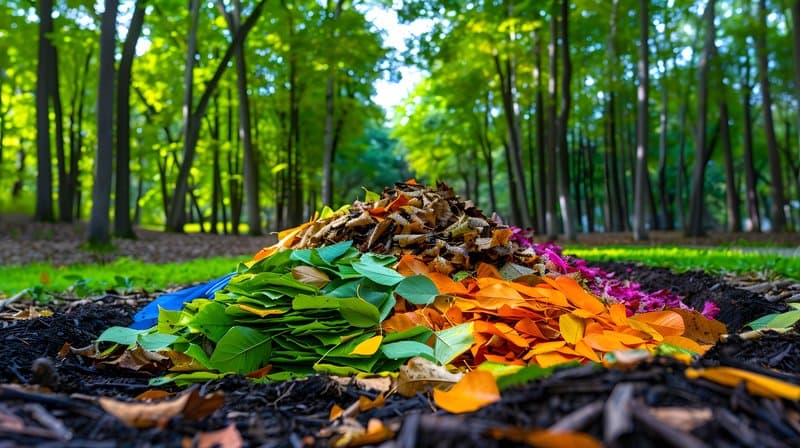 Rustic compost pile layers of leaves kitchen scraps and garden waste