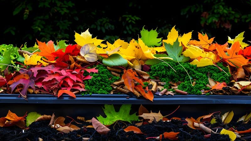 Rustic compost pile layers of leaves kitchen scraps and garden waste