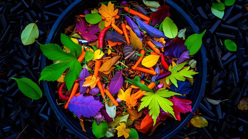 Rustic compost pile layers of leaves kitchen scraps and garden waste