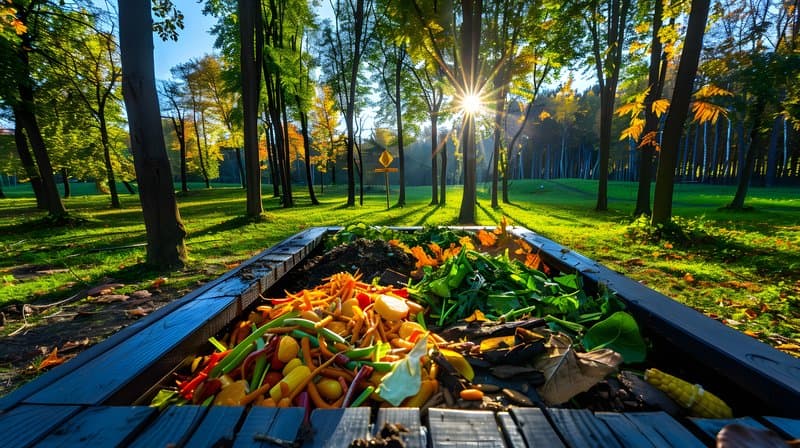 Rustic compost pile layers of leaves kitchen scraps and garden waste