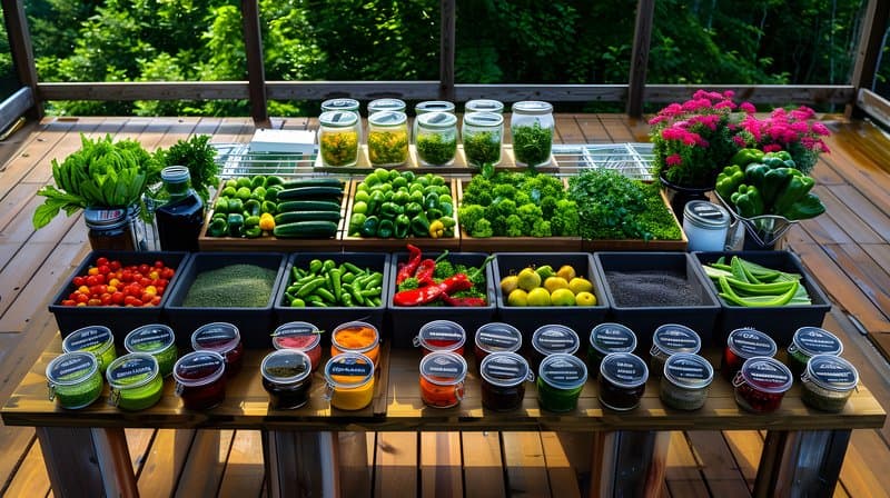 Seed saving station heirloom vegetables drying racks and labeled jars