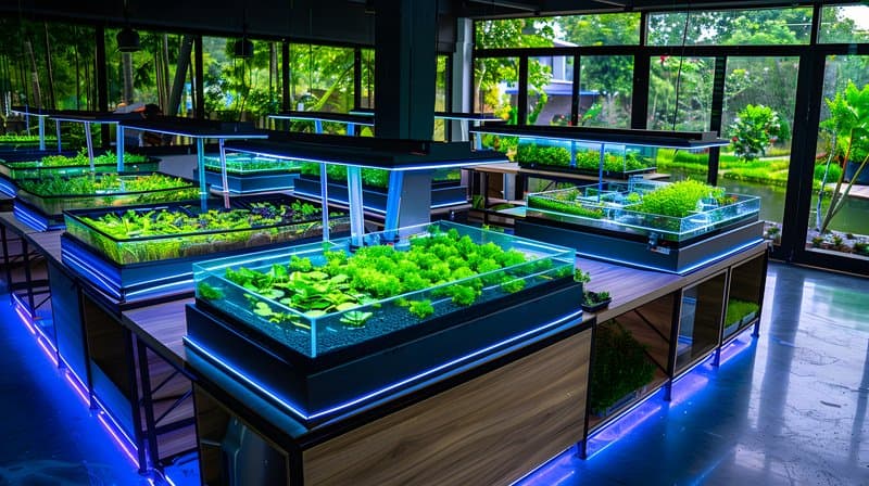 Small scale aquaponics system fish tanks and leafy greens