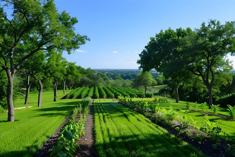 Windbreak of native trees protecting vegetable garden strong winds